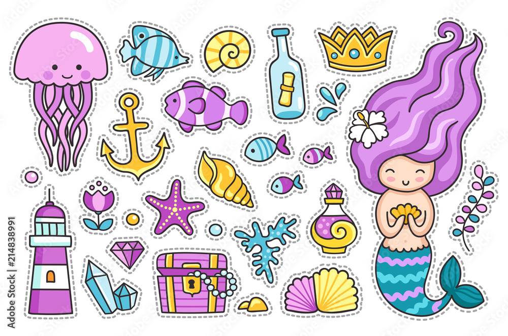 Cartoon Shellfish Sticker Mermaid, jellyfish, cute sea animals, fish, sea shell, lighthouse ...