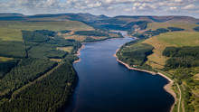 Aerial Drone View Of Low Water Levels In Pontsticill Reservoir, Brecon Beacons During A Summer Heatwave
