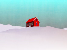 House In Winter Landscape Illustration - Red House On Hill