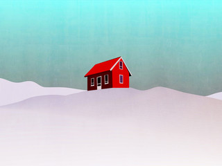 house in winter landscape illustration - red house on hill