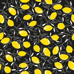 Wall Mural - Tropical vector seamless pattern with yellow lemons.