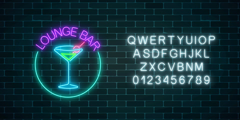 Wall Mural - Neon lounge cocktails bar sign with alphabet. Glowing gas advertising with glasses of alcohol shake.