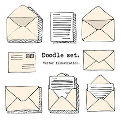 Hand drawn mail, post, letter, envelope, paper plane cartoon Set. Vector illustration. Doodle decorative elements. Mail and post icon in sketch style.