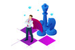 © Golden Sikorka - Isometric businessman standing on chess board. Strategy, management, leadership concept. Business strategy.