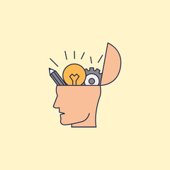 Poster - head with pencils with a light bulb and gears fild outline icon. Element of idea and solutions for mobile concept and web apps. Fild outline icon for website design and development