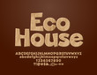 Vector Logo with Text Eco House. Wooden Textured Font. Set of Alphabet Letters, Numbers and Symbols.