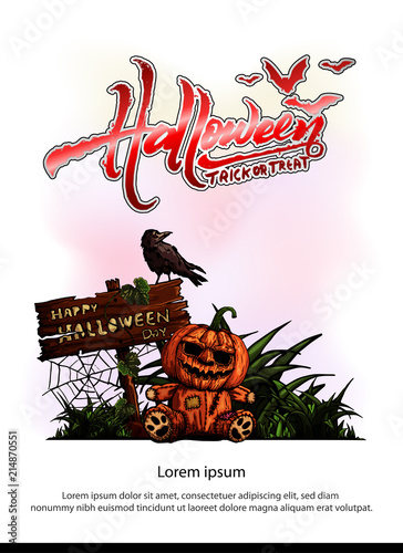 Halloween vertical background with pumpkin on full moon. Flyer or invitation template for Halloween party. Vector illustration. © Adchariya