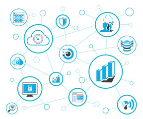 analytics data icons and network diagram on white background, information technology concept