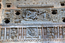 Ornate Perforated Window. A Sculpture Of Sheshashayee Vishnu With His Consort, Lakshmi. Chennakeshava Temple, Belur, Karnataka.