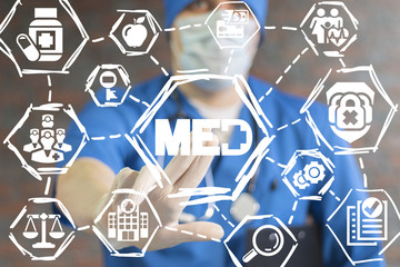 Poster - med - medicine concept. healthcare. doctor clicks a med with medical cross button on a virtual panel