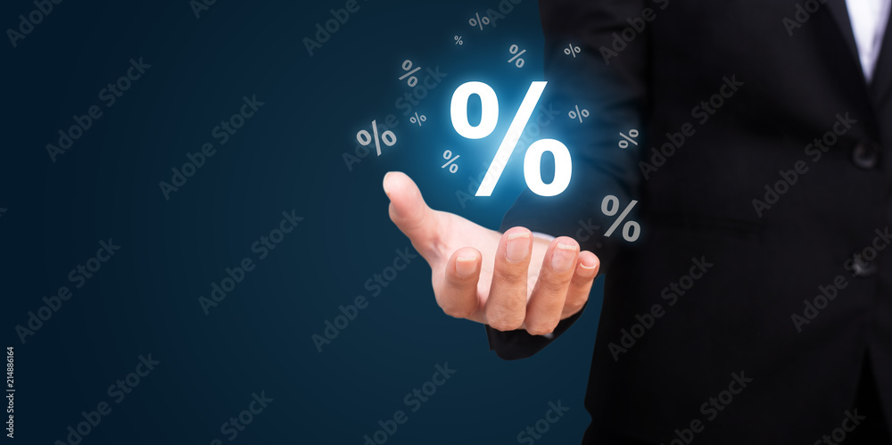 Businesswoman represents of the percentage discounts - obrazy, fototapety, plakaty 