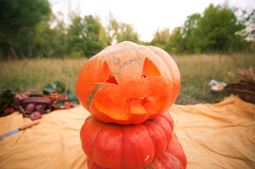 Pumpkins stand with a pyramid against the background of a yellow plaid and green grass. Carved pumpkin on Halloween. Natural texture of pumpkins. Autumn harvest of pumpkins. Place and background for t