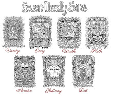 Set With Seven Deadly Sins Characters In Frames, Black And White Line Art. Hand Drawn Engraved Illustration, Tattoo And T-shirt Design, Religious Symbol