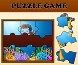 Fototapeta  - Boy diving in undersea with puzzle concept