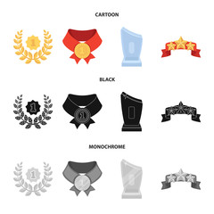 Winner for the first place in the competition, a crystal prize, a ribbon with the stars, a medal on the red ribbon.Awards and trophies set collection icons in cartoon,black,monochrome style vector