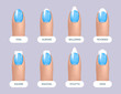Set of simple realistic blue manicured nails with different shapes. illustration for your graphic design.