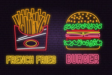 Retro Neon Burger And French Fries Sign On Brick Wall Background. Design For Cafe, Restaurant.