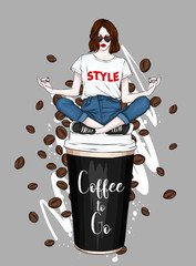 Beautiful girl is sitting on a glass of coffee. Vector illustration for a postcard or a poster. Hand drawing. Coffee to go. Fashion & Style.
