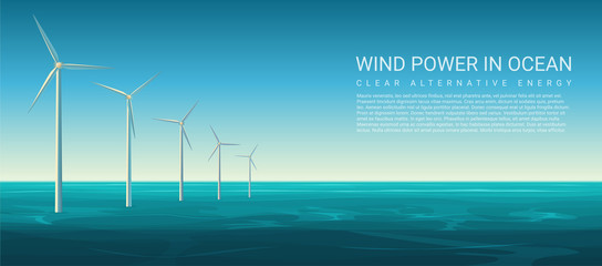 Wall Mural - vector wind energy power concept poster header with wind turbines in ocean.