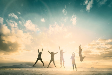 happy family people group celebrate jump for good life on weekend concept for win victory, person fa