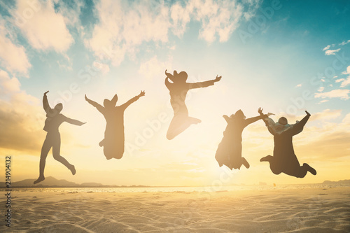 Fotomural Happy family people group celebrate jump for good life on weekend concept for win victory, person faith in financial freedom healthy wellness, Great insurance team support retreat together in summer