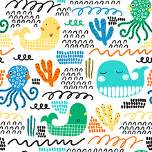 Childish Seamless Pattern With Whale And Waves. Scandinavian Style. Summer Marina Background. Perfect For Fabric, Textile. Vector Background. Pastel Colors