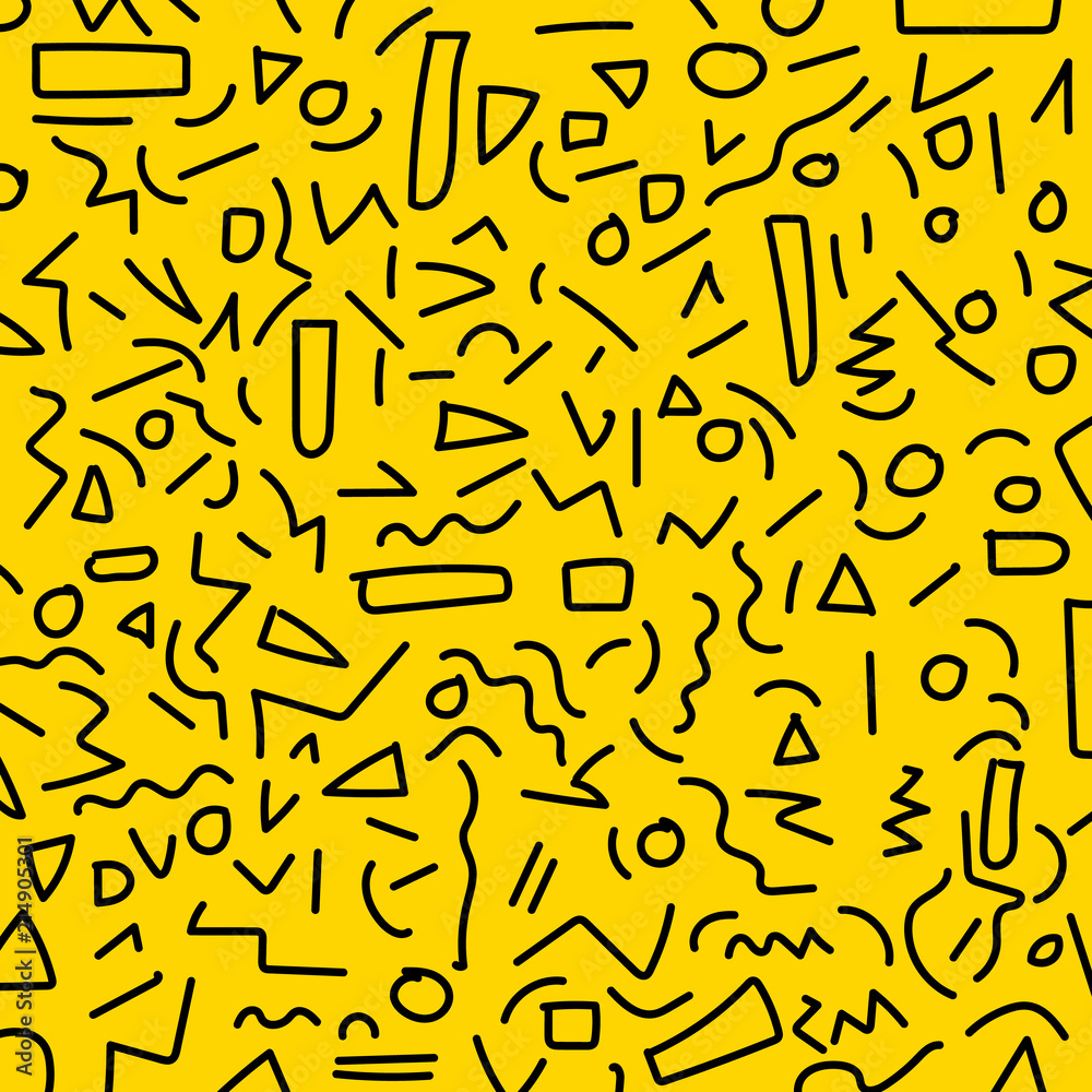 Hand draw black geometric memphis pattern 80's-90's styles on yellow background. - obrazy, fototapety, plakaty 