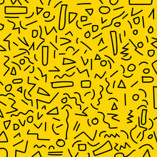 Hand Draw Black Geometric Memphis Pattern 80's-90's Styles On Yellow Background.