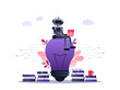 Machine learning algorithm concept with artificial neural network, deep learning. Robot with laptop sitting on big light bulb with stack of books and flowers. Vector ultra violet concept illustration