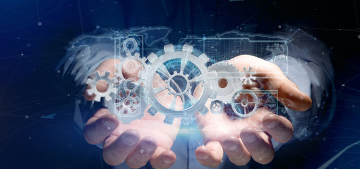 Poster - man holding a technology gear wheel interface3d rendering