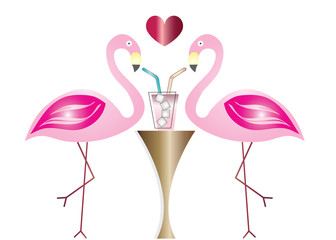  two flamingos in love drinking cocktail vector - summer illustration
