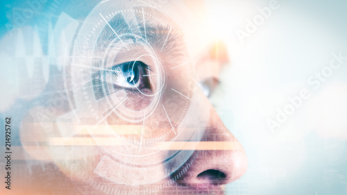 Fotomural The double exposure image of the businessman looking up during sunrise overlay with cityscape image and futuristic hologram
