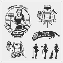 Set Of Cleaning Service Emblems With Beautiful Young Maid. Clining Badges, Labels And Design Elements. Vintage Style.