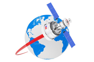 Poster - Modern Cartoon Satellite Moving Around the Earth Globe. 3d Rendering