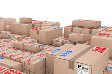 Aufkleber - Logistics Concept. Stack of Cardboard Boxes in Warehouse. 3d Rendering