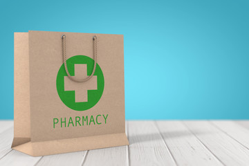 Poster - Medicine Paper Recycled Bag with Pharmacy Sign. 3d Rendering