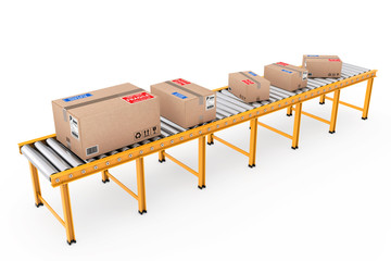 Aufkleber - Parcel Cardboard Boxes over Roller Conveyor Line. 3d Rendering