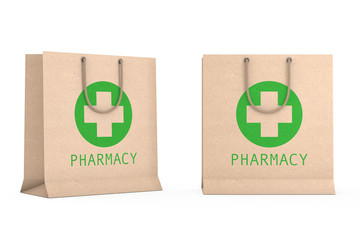 Poster - Medicine Paper Recycled Bag with Pharmacy Sign. 3d Rendering