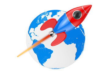 Poster - Modern Cartoon Rocket Moving Around the Earth Globe. 3d Rendering