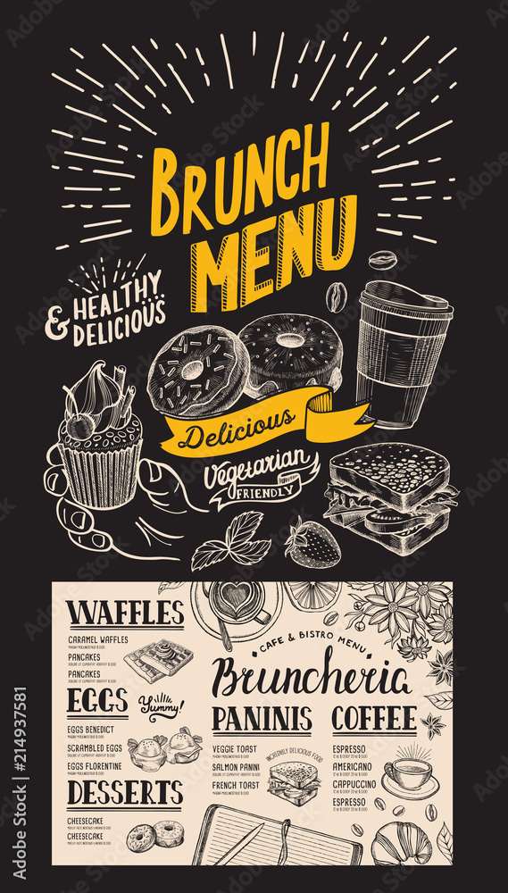Brunch restaurant menu. Vector food flyer for bar and cafe. Design template with vintage hand-drawn illustrations on chalkboard background. - obrazy, fototapety, plakaty 