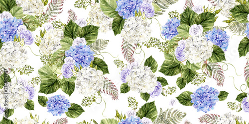 Beautiful  watercolor pattern with roses and hudrangea flowers.