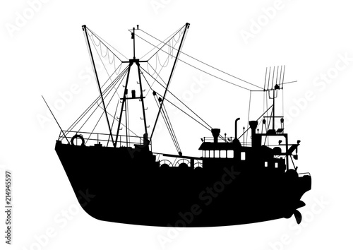 Silhouette of a trawler. Fishing boat on a white ...