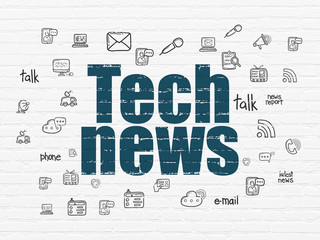 Canvas Print - News concept: Painted blue text Tech News on White Brick wall background with  Hand Drawn News Icons