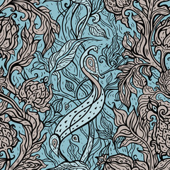 Poster - Seamless vector background with oriental pattern. Beautiful peacock. Exotic bird. Paisley flowers, hand drawn detailed illustration