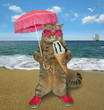 The cat with a pink umbrella and ice cream is standing by the sea.