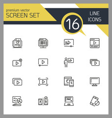 Poster - Screen icons. Set of  line icons. Player window, mobile phone, laptop. Screen concept. Vector illustration can be used for topics like video content, digital technology, apps.