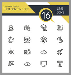 Poster - Web content icons. Set of line icons. Analysis, cloud service, satellite. Modern technology concept. Vector illustration can be used for topics like data storage, apps, digital devices.