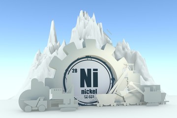 Gear with energy relative silhouettes. Design set of coal mining industry. Nickel chemical element. 3D rendering