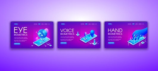 Poster - biometrics technology vector illustration of eye, voice and hand recognition for identity authentica