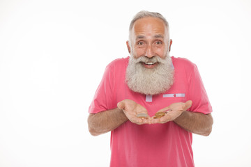Aufkleber - Gold Bitcoin in funny bearded man hand, Digital symbol of a new virtual currency.